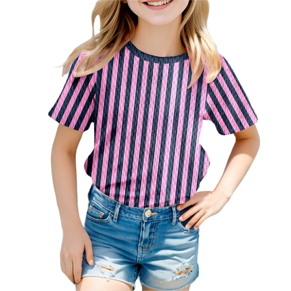 SGMVNU Graphic Tees for Boys Girls Kids Girls Casual Tops Size 7 Casual Stripes Short Sleeve Crewneck T-Shirts Loose Fit Summer Outfit Workout Tops(Size 7-8 Years,Light Pink)