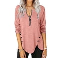thumbnail image 2 of Gvmfive Women Solid Irregular Buttons Hem Zipper Neck Long Sleeve Casual T-shirt, M, 2 of 4