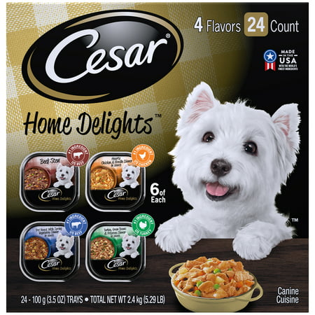(24 Pack) CESAR HOME DELIGHTS Wet Dog Food Pot Roast & Vegetable, Beef Stew, Turkey Potato & Green Bean, and Hearth Chicken & Noodle Variety Pack, 3.5 oz. Easy Peel