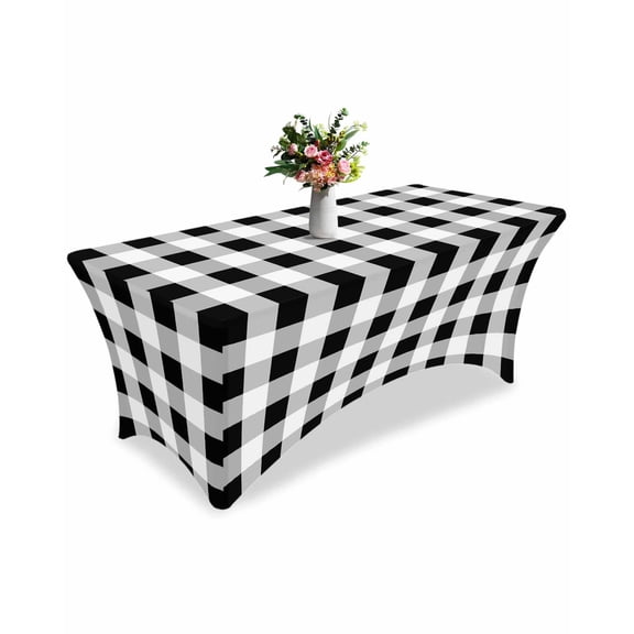 Fitted Tablecloth 6ft Black White Buffalo Plaid Rectangular Tablecloths Stretch Spandex Table Cover Washable Elastic Classic Checked Table Cloth Protector for Dinner Party Wedding Banquet