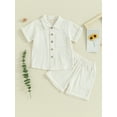 thumbnail image 2 of Bslissey Toddler Baby Boys Cotton Linen 2Pcs Outfits Infant Solid Color Short Sleeve Button Shirt Tops + Elastic Waist Shorts 6M 12M 18M 24M 3T 4T Kids Casual Clothes, 2 of 9