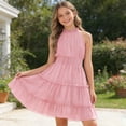 thumbnail image 2 of LUOGENLI Robe d'Été Décontractée pour Filles, Couleur Unie, Sans Manches, Ligne A, Fête, Tout-Petit (Rose, Taille 8-9 Ans), 2 of 5