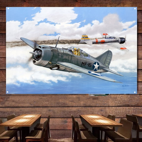 F2A Buffalo WW II US Air Force Fighter Banner - 38" x 57" Military Wall Art Poster For Room Studio Bedroom - Attack Aircraft Canvas Print Art Work - Fighter Jet Room Wall Decoration
