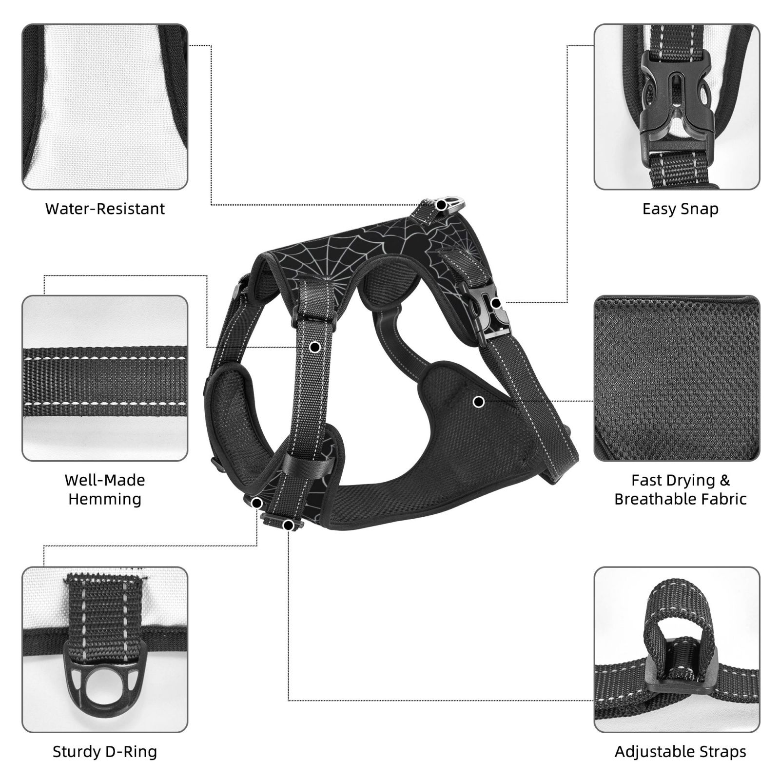 Vsdgher Spider Web Black Pattern Dog Harness,No Pull Pet Harness with Soft Padded Handle,Adjustable Reflective Vest with 2 Buckles,4 Slide Buckles,S-XL Medium