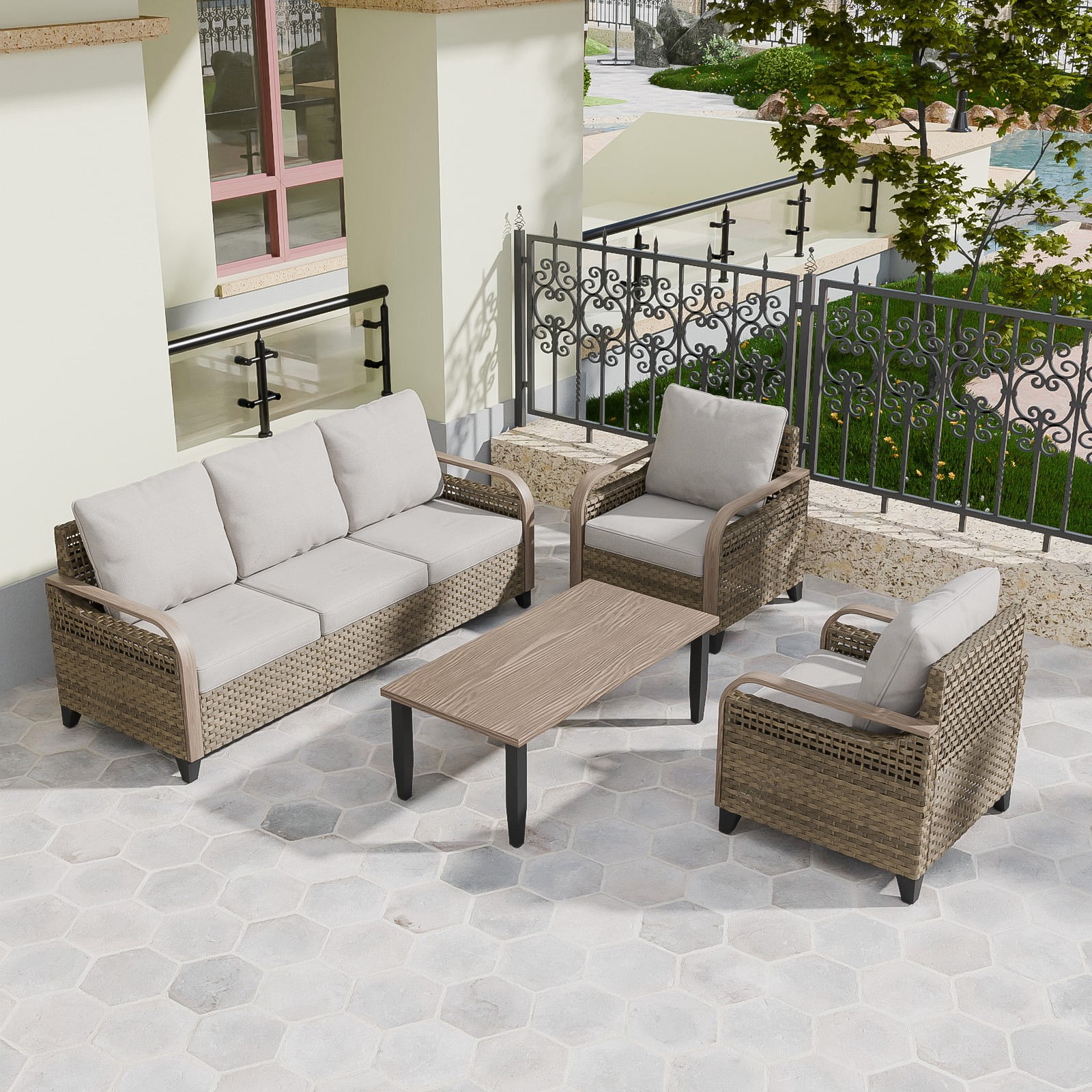 COOS BAY 4 Piece Brown Wicker Patio Sofa Set Outdoor Rattan Furniture Conversation Set 3-Seat Sofa, Dinning Chairs with Gray Cushions and Wood Grain Top Coffee Table