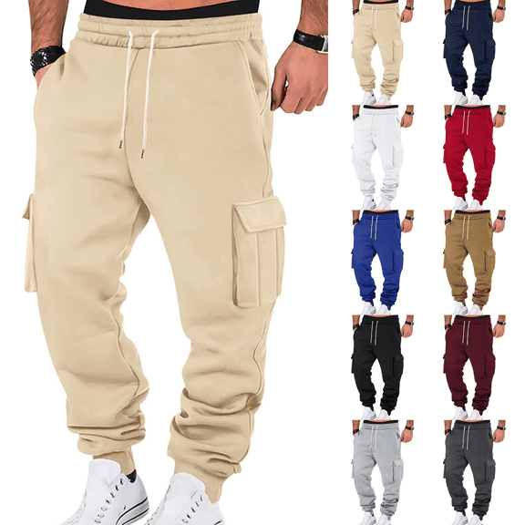 Cargo Sweatpants Mens Fleece Heavyweight Elastic Waist Pants with Pockets Baggy Drawstring Jogger Pants Khaki M