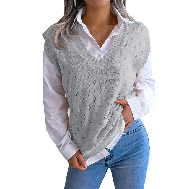 Chandail Sans Manches à Col en V Tricoté pour Femmes Style Décontracté Collège à la Mode Confortable Léger