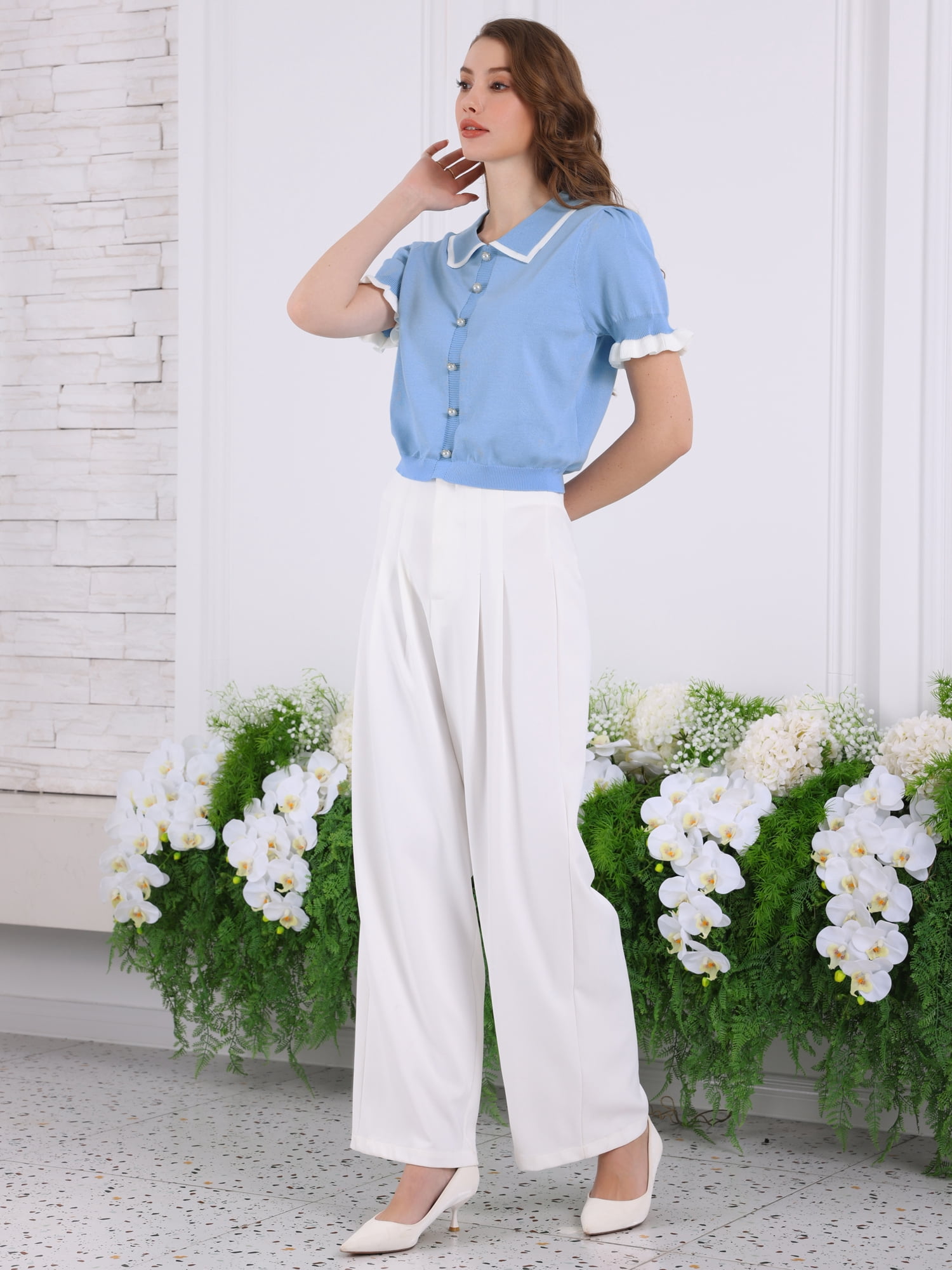 DARING DIVA Women's Puff Sleeve Dressy Vintage Knit Ruffled Crop Top L Blue