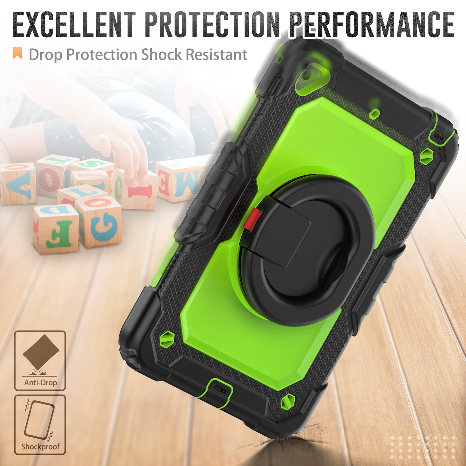 Dteck iPad mini 5 Case / iPad mini 6 Case with Built in Screen Protector, Child Proof Heavy Duty Shockproof Kids Case with Rotating Stand Handle Pencil Holder for iPad mini 5/4 7.9", Black + Green
