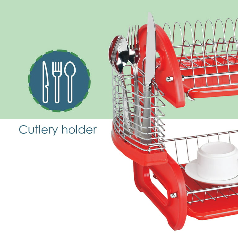 Home Basics 2-Tier Plastic Dish Drainer, Red, 22x11x13.5 Inches