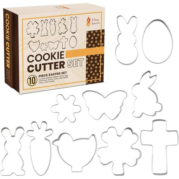 Easter Cookie Cutters 10 Piece - Stainless Steel, Butterfly, Rabbit, Flower, Egg, Shamrock, Bunny, Carrot, Side Rabbit, Cross, Chock Shapes, Food Safe, Animal Cookie Cutters