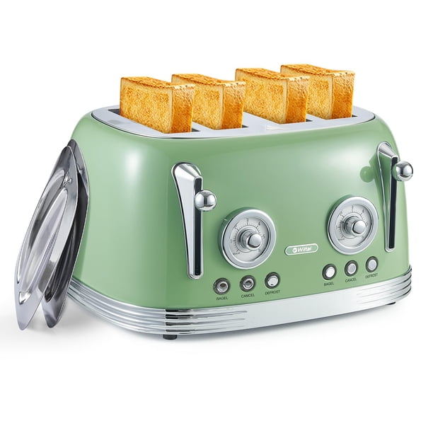 Wiltal tostador de 4 rebanadas, tostador verde retro, bagel, con tapa de acero inoxidable. Funciones de recalentamiento, descongelación y cancelación, función de cuenta regresiva, 6 niveles de dorado