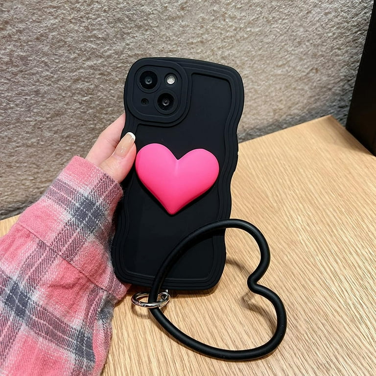 Black Heart Phone Case Compatible with iPhone 15 Pro Max, Cute 3D