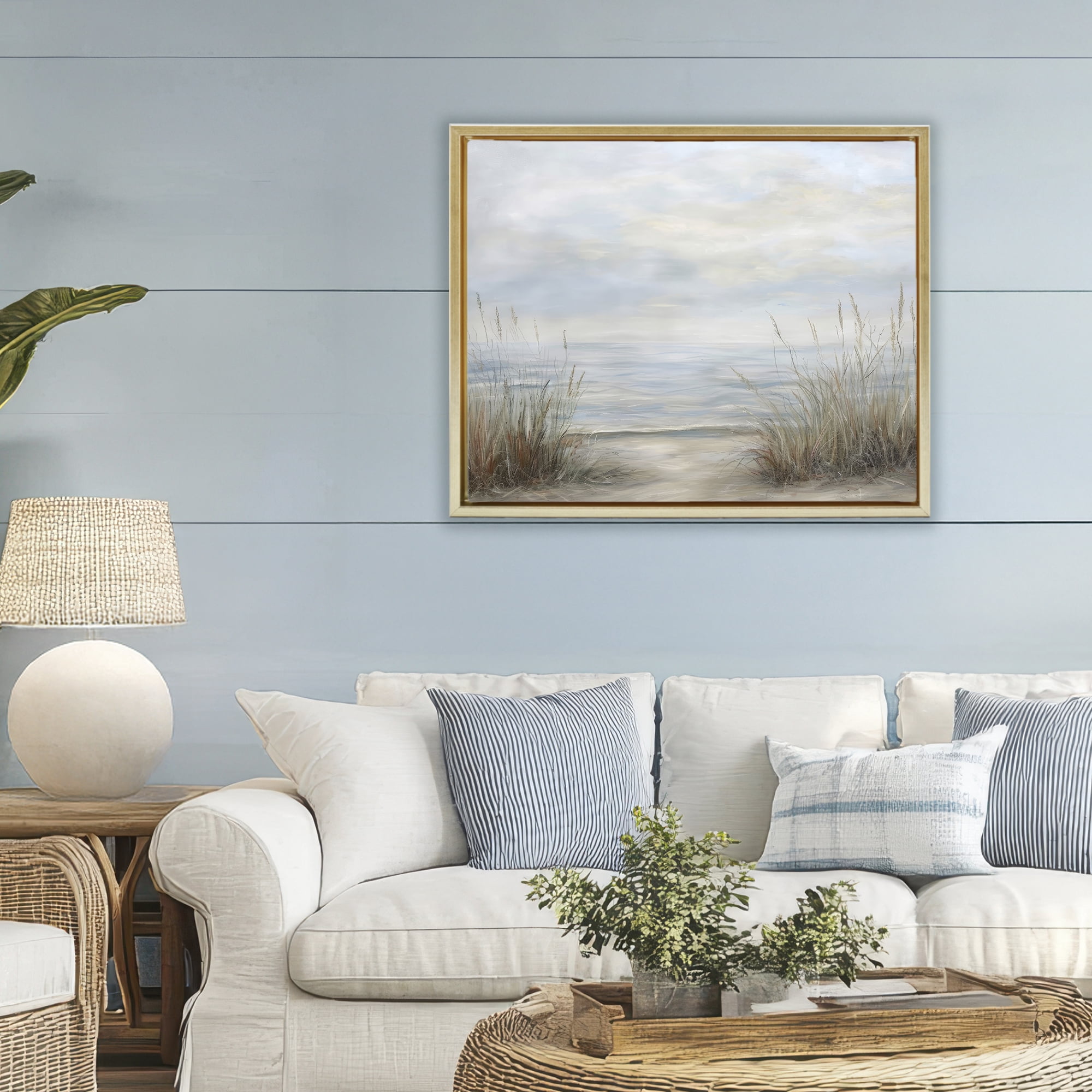 Stupell Industries Silent Beach with Seaside Dunes Gold Framed Floater Canvas Wall Art, design by Petal Prints Design