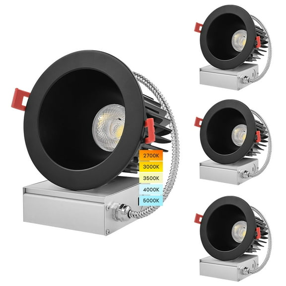 Luxrite 4 inch LED Recessed Lighting, 18W, CRI 90, 5 Color Options 2700K-5000K, 1500 Lumens, Wet Rated - Black 4 Pack