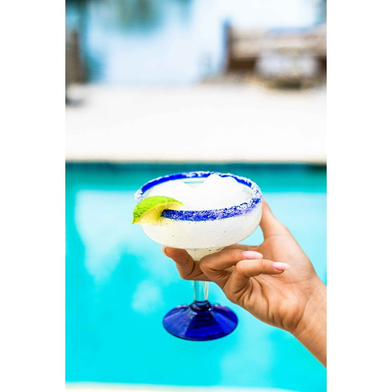 Mexican Hand Blown Glass - Hand Blown Stemless Blue Rim Margarita Glasses (14oz) (Set of 4) Longshore Tides Color: Blue