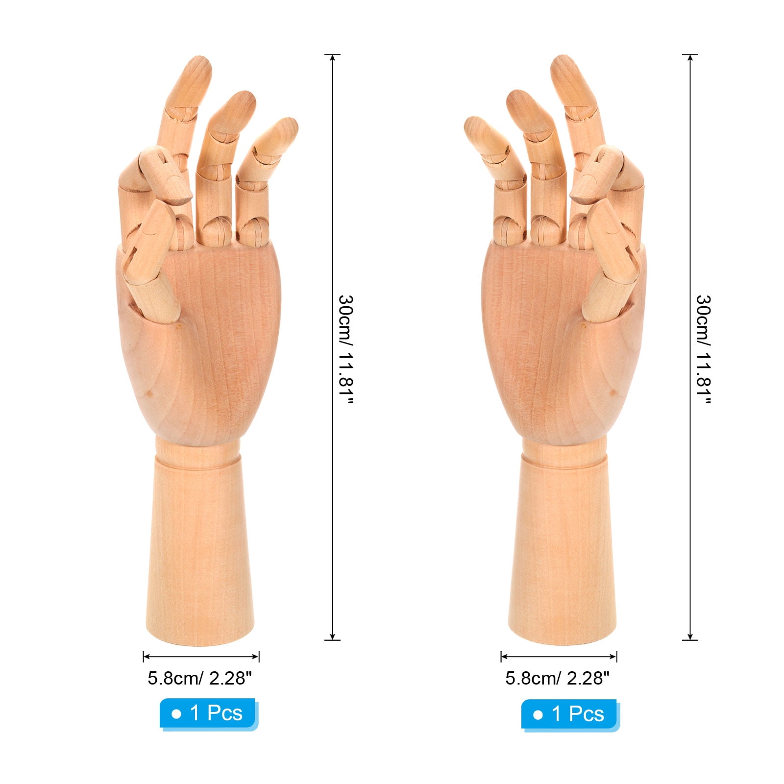 Uxcell 12" Wooden Hand Model, Artist Mannequin Right and Left Hand Model Flexible Movable Manikin Jointed Figure 2Pack