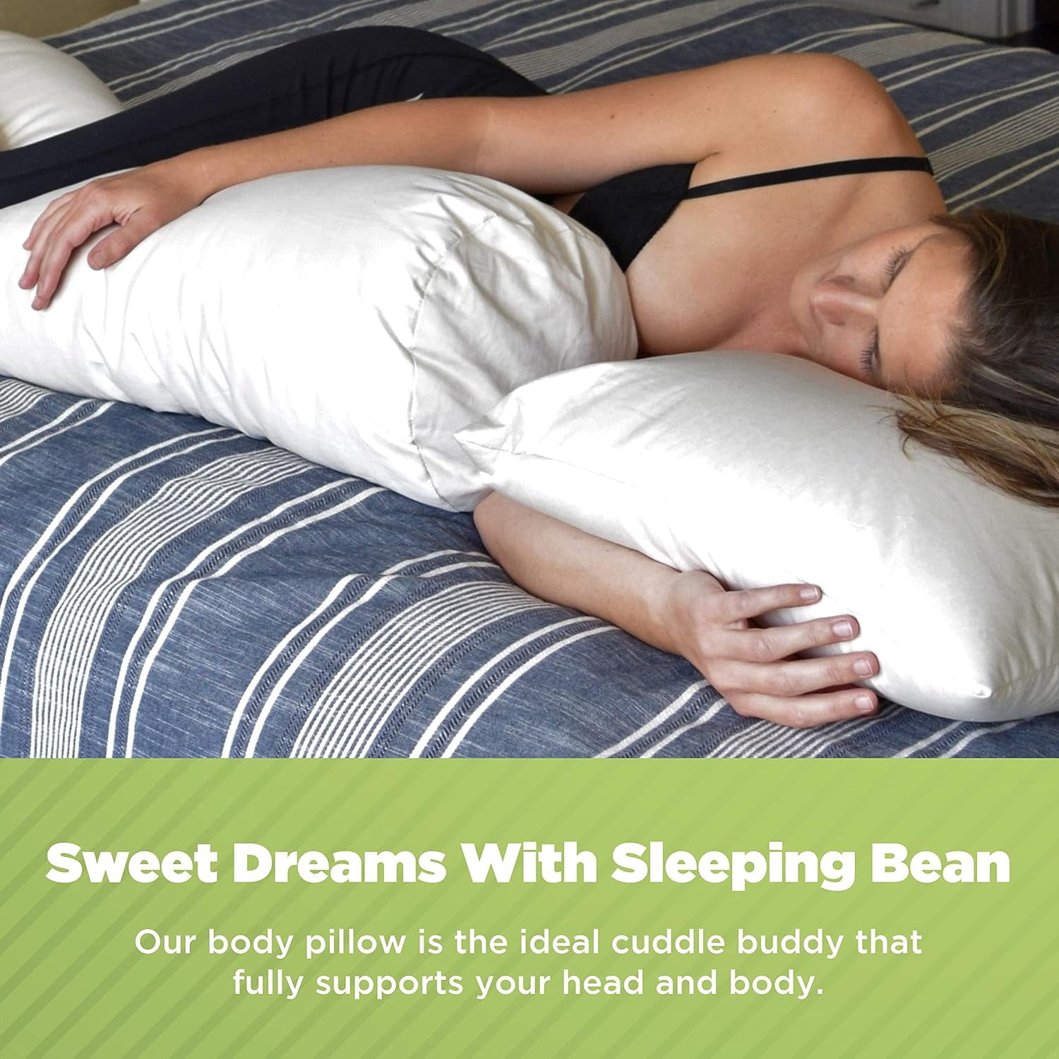 54" Body Pillow with Cover - White Sateen 300T Cotton Body Pillow Case with Zipper - Sleeping Bean with Polyester Fill