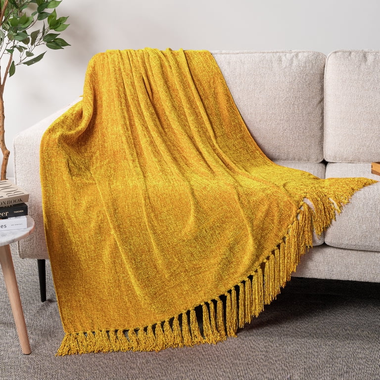 Pavilia Chenille Knit Throw Blanket with Tassels, Yellow photo 3