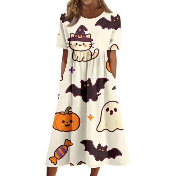 Domzest Halloween Dress for Women Short Sleeve Crew Neck Midi Dress Halloween Pumpkin Spooky Print Cute Dresses with Pockets Beige XL