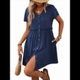 thumbnail image 3 of Vestido Bohemio de Fiesta para Mujer, de Corta, con Botones, Escote en V y Bolsillos, Color Azul Marino Talla M, 3 of 6