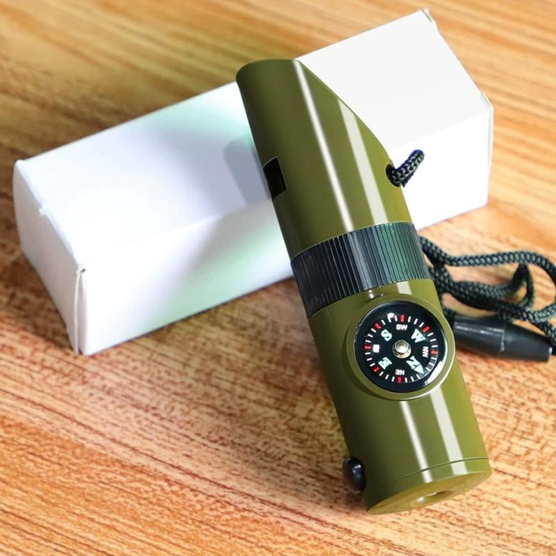 New 7 in 1 Camping Hiking Emergency Survival Whistle with Compass,Thermometer,Outdoor Whistle Camping Tools ArmyGreen Color