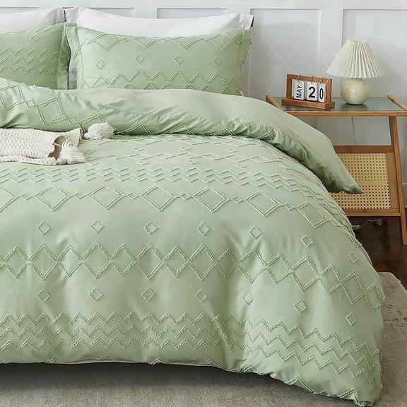 EMME Duvet Cover Set Microfiber, Tufted King Duvet Cover Set, Boho Bedding Sets for All Seasons, 3 Pieces Embroidery Chic Duvet Cover Full, 1 Duvet Cover 2 Pillowcases (Sage Green, King)