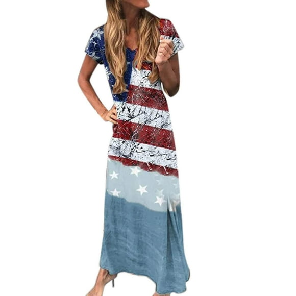 SZXZYGS Womens Dresses for Wedding Guest Plus Size Europe and The United States New Independence Day Print V Neck Dress Fashion Temperament Holiday Clothing 2024
