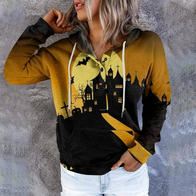 Femmes Halloween Sweat-Shirts Citrouille Impression Col Rond Pull à Manches Longues Oversize Pull-Overs Jaune XXL