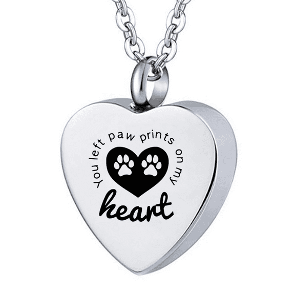 Stainless Steel Heart Shape Pet Urns Necklace for Dogs Cats Ashes Paw Cremation Ash Pendant for Pet Lover Remembrance Keepsake,You Left Paw Prints on My Heart