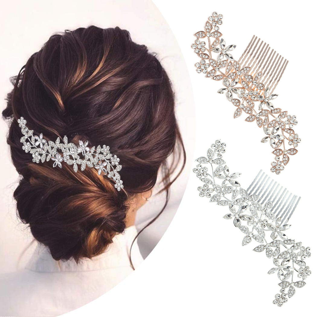 Bride Rhinestones Wedding Hair Comb Crystal Bridal Headpiece Rose Gold For Women 