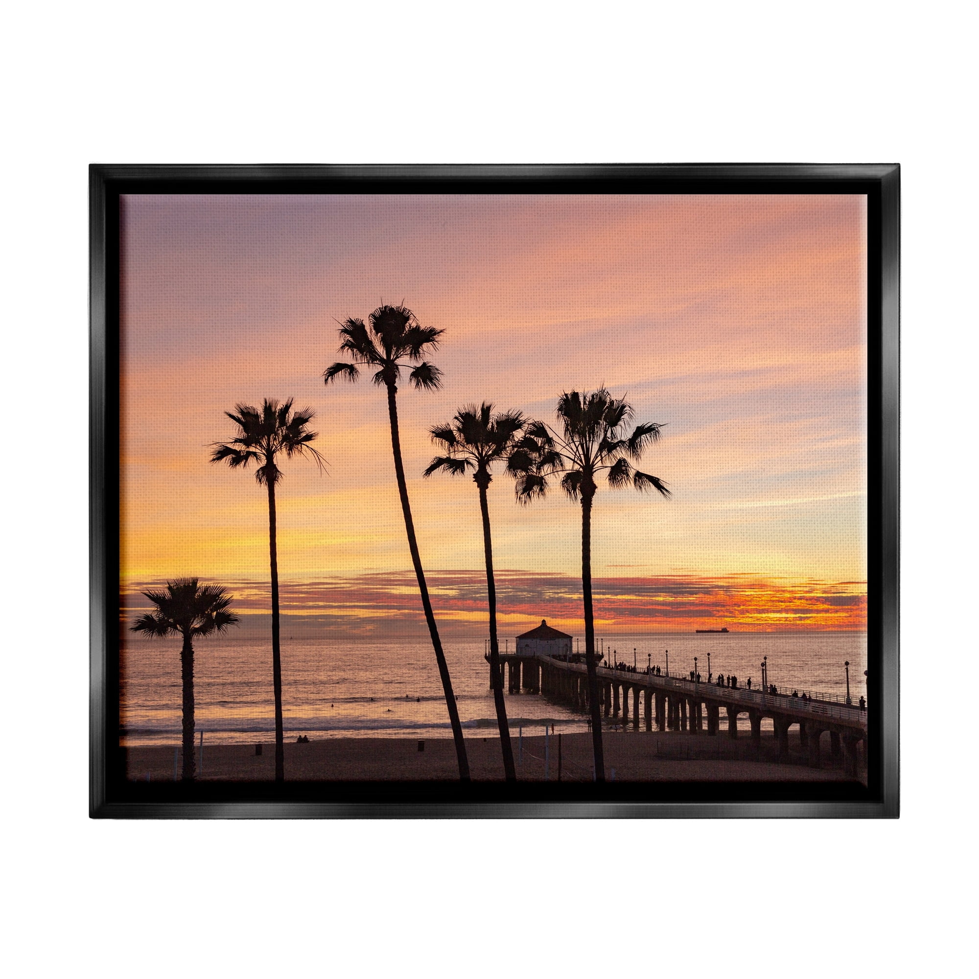 Stupell Industries Tropical Palm Tree Sunset Summer Pier Docks Photograph Jet Black Floating Framed Canvas Print Wall Art, Design by Jeff Poe Photography