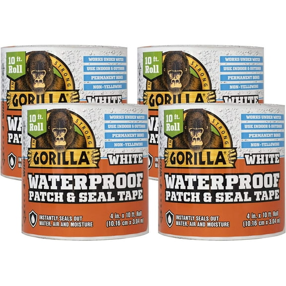 Gorilla Waterproof Patch & Seal Tape, White Tape, 4" x 10' (Pack of 4) - Permanent Weather Resistant Seal for Leaks and Repairs