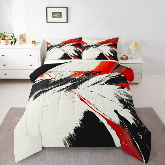 Manfei Black Red Watercolor Bedding Comforter Set, Modern Artwork Twin Comforter Sets, Teen Kid Adult Reversible Bedding Set, Ultra Soft Home Decor, 2pcs