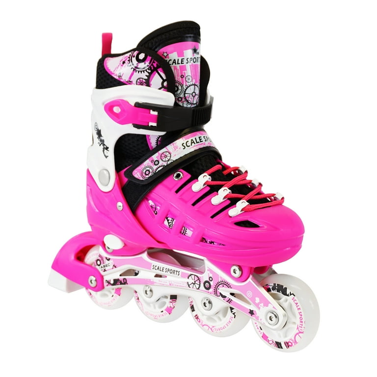 Young Sporty Woman And Skating Protection Equipment. Beautiful Girl Puts On  Protective Gear For Rollerblading. Stylish Pink Skating Helmet, Knee Pads  And Quad Roller Skate. Stock Photo, Picture and Royalty Free Image.