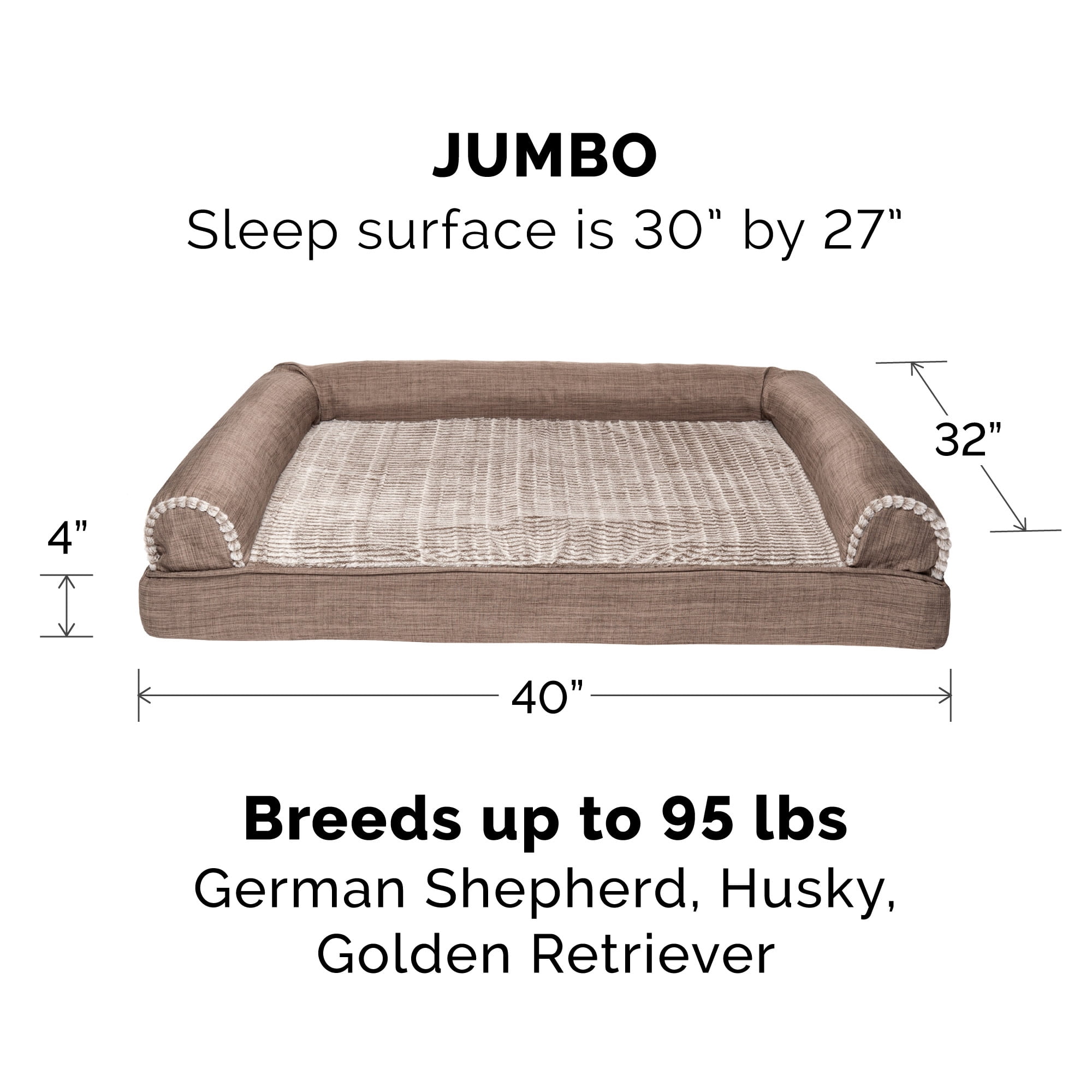 FurHaven Luxe Fur & Performance Linen Cooling Gel-Top Sofa Pet Bed, Woodsmoke, Jumbo, 1 Count