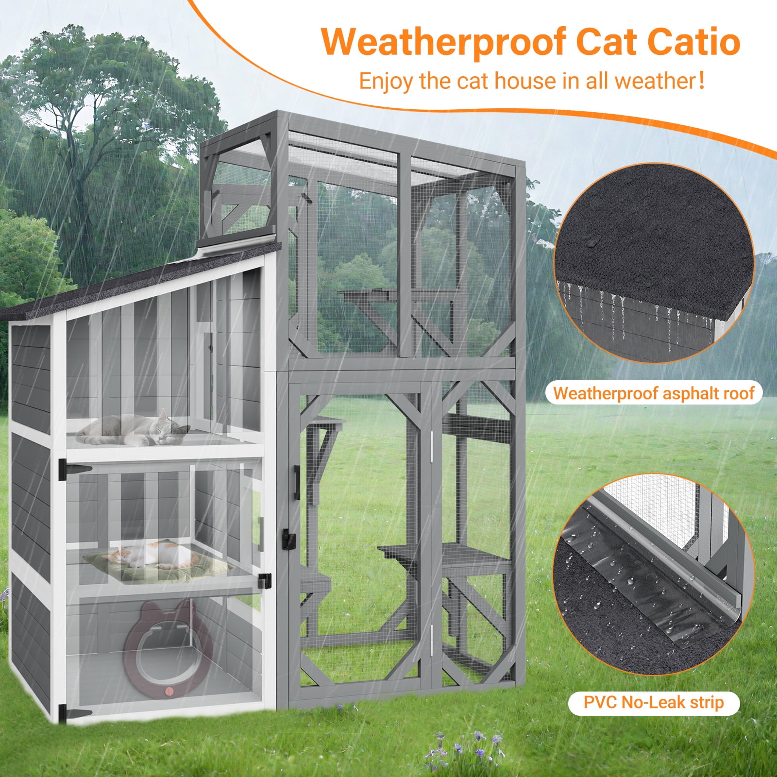 HomeSheek 3-Tier 69" Outdoor Cat Enclosure, Weatherproof Roof with Window Access & Adjustable Two-Way Hole, 3 Platforms & Resting Areas Indoor/Outdoor