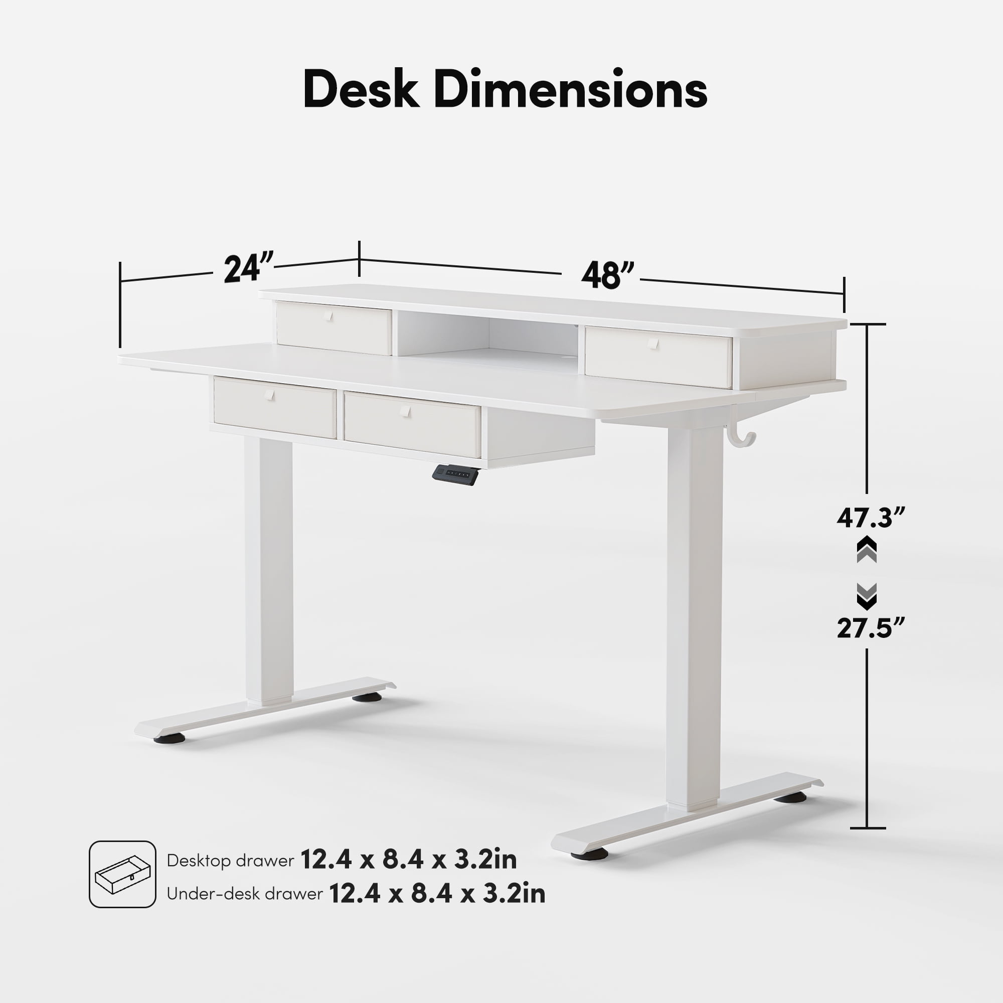 DESINO 48 x 24 Inch Height Adjustable Electric Standing Desk with Drawers, Stand Up Table with Large Storage Shelf, Sit Stand Desk for Home Office, White