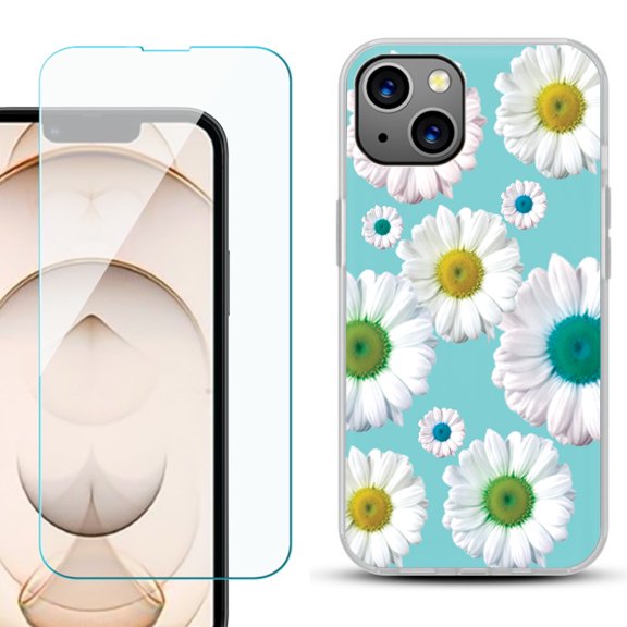 Slim-Fit Flexible TPU Gel Phone Case for iPhone 13, with Tempered Glass Screen Protector, by OneToughShield ® - Daisy/Teal