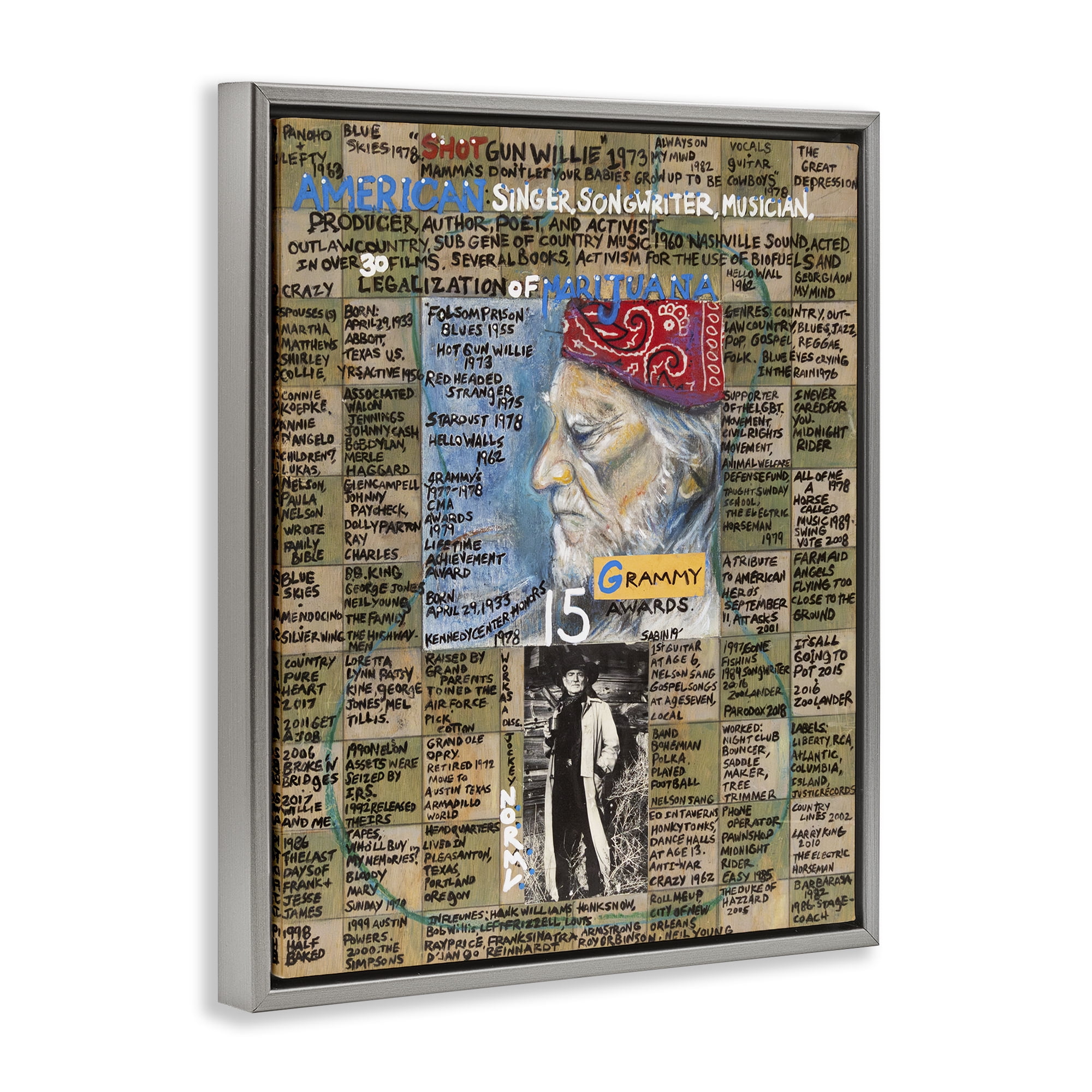 Stupell Industries Willie Nelson Collage People Drawing Gray Floater Framed Canvas Art Print Wall Art, 17 x 21