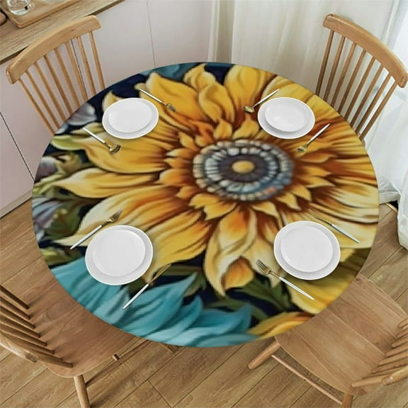 Polyester Fitted Tablecloth Round, Boho Colorful Flowers Elastic Edge Decor Tablecloths