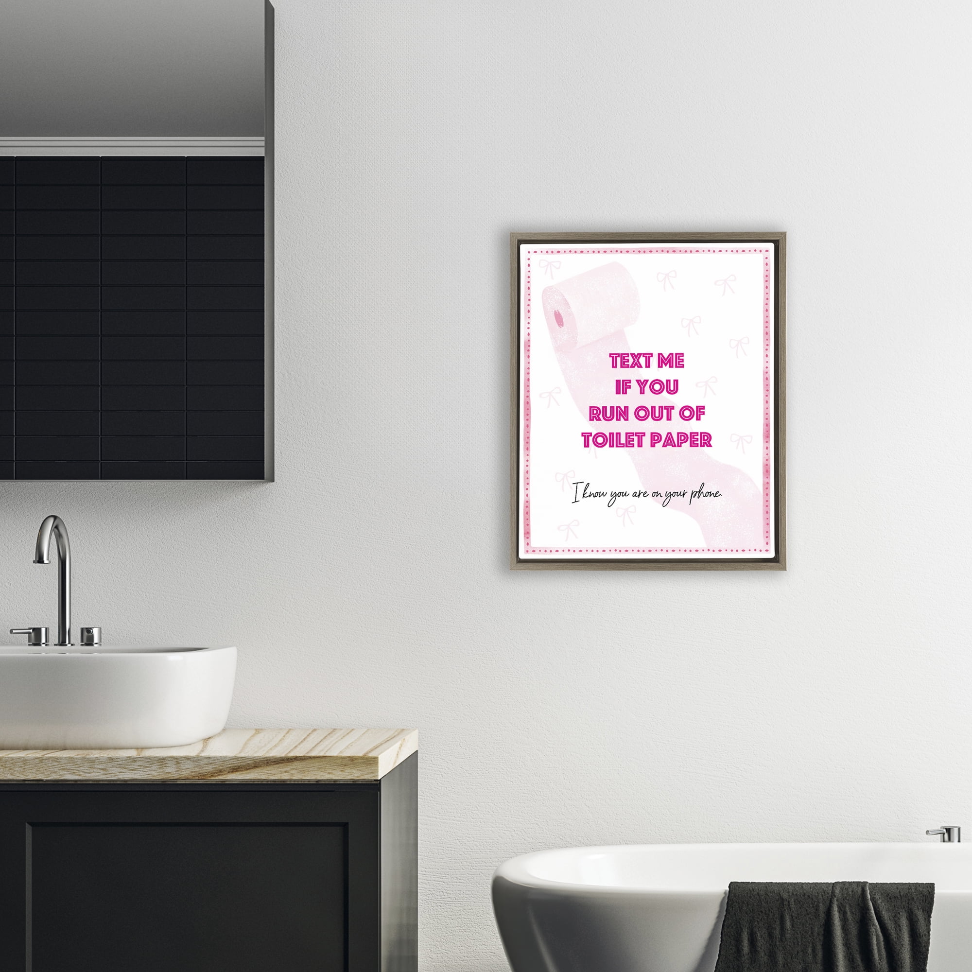 Pink Text for Toilet Paper Brown Framed Floater Canvas Wall Art, design by Ziwei Li