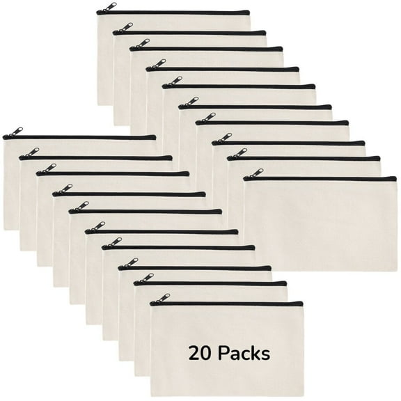 Coofit Blank DIY Craft Canvas Cosmetic Bags, Zipper Pencil Pouches for Hand Drawing, Beige, 20 Count