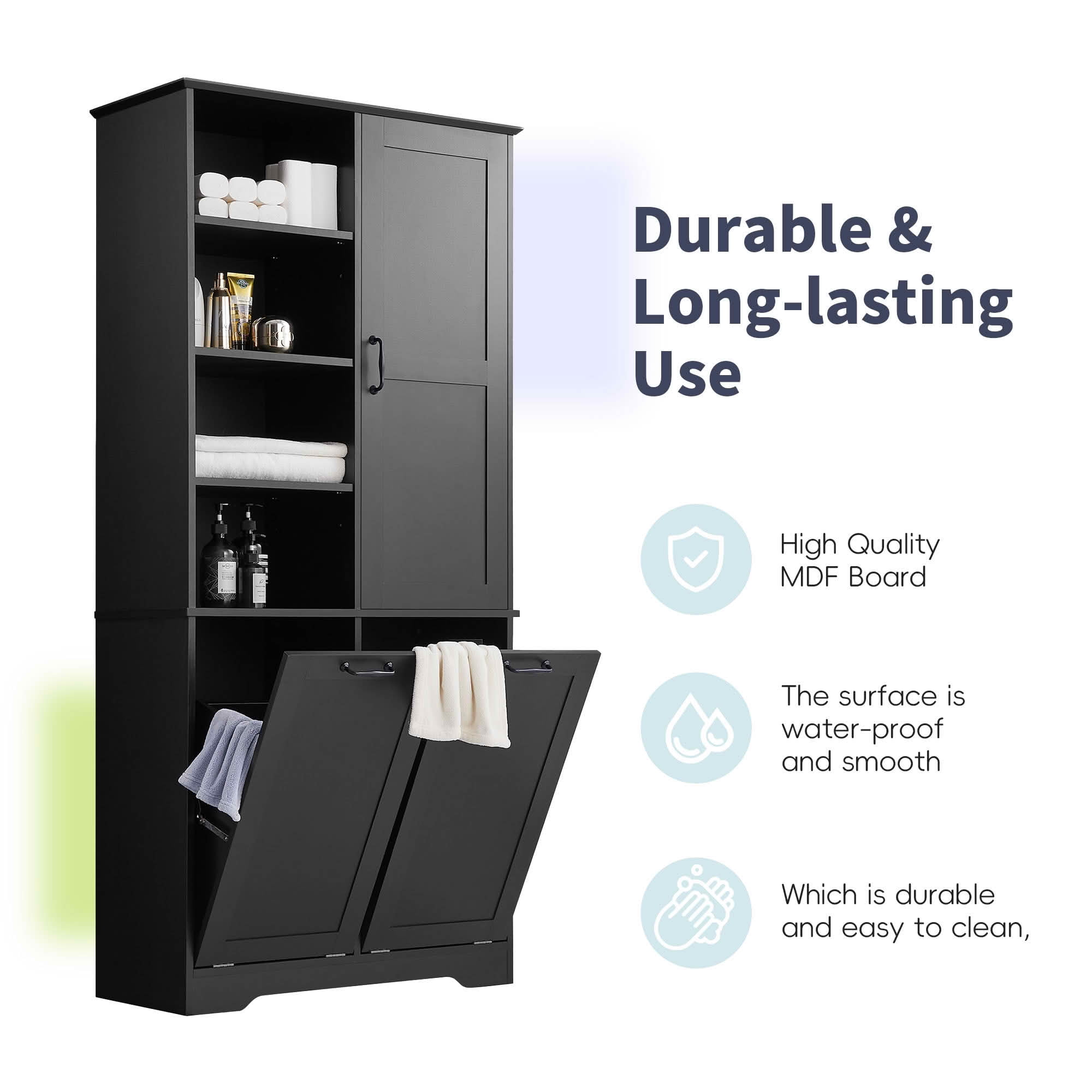 MAYEERTY Bathroom Storage Cabinet with Doors Drawers, Tilt-Out Laundry Hamper Open Adjustable Shelf, Freestanding Multi-Storage, Black