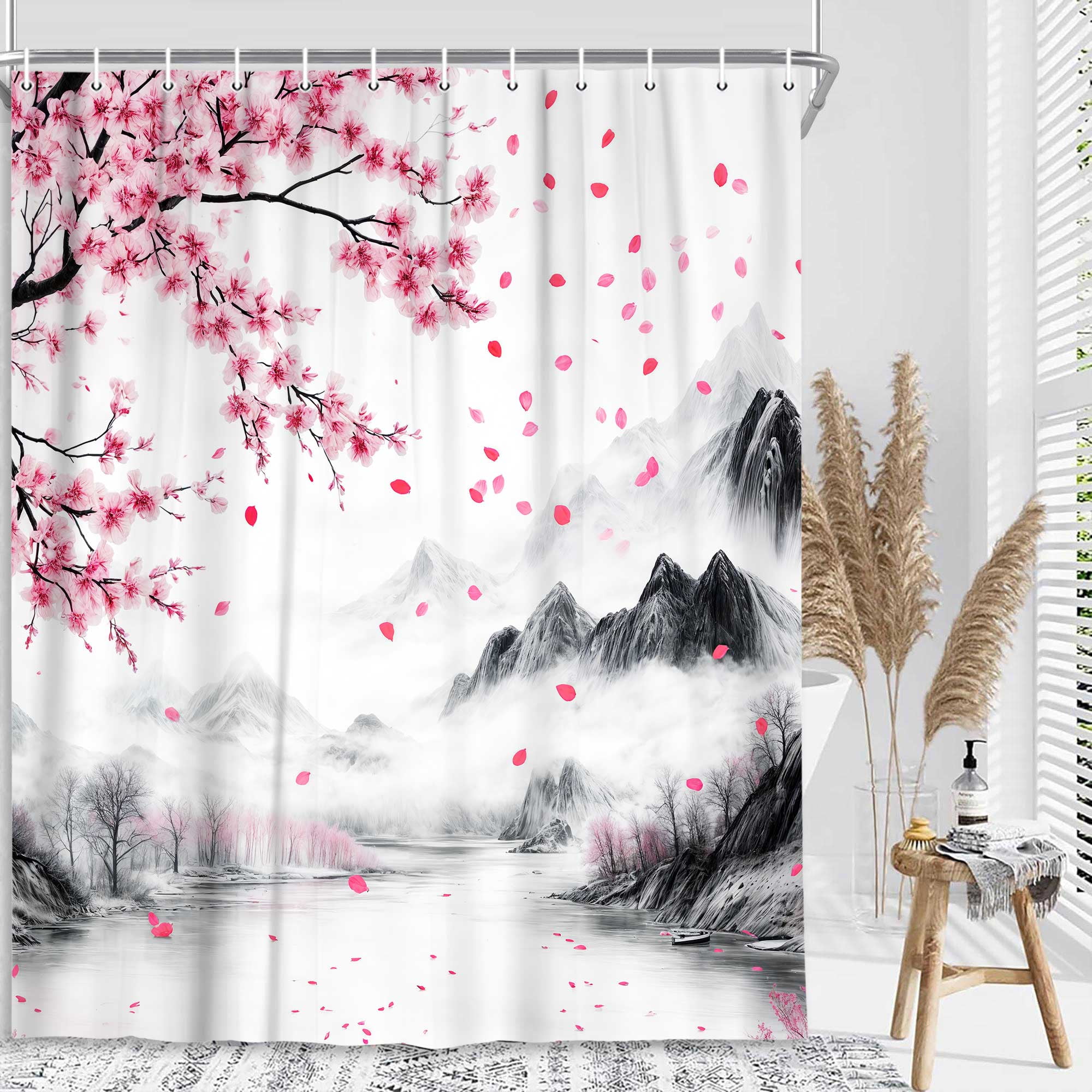 Cherry Blossom Shower Curtain, Japanese Asian Pink Floral Asian Mountain Bathroom Decor, Waterproof Cloth Fabric Bath Curtain with Hooks, 72X72in
