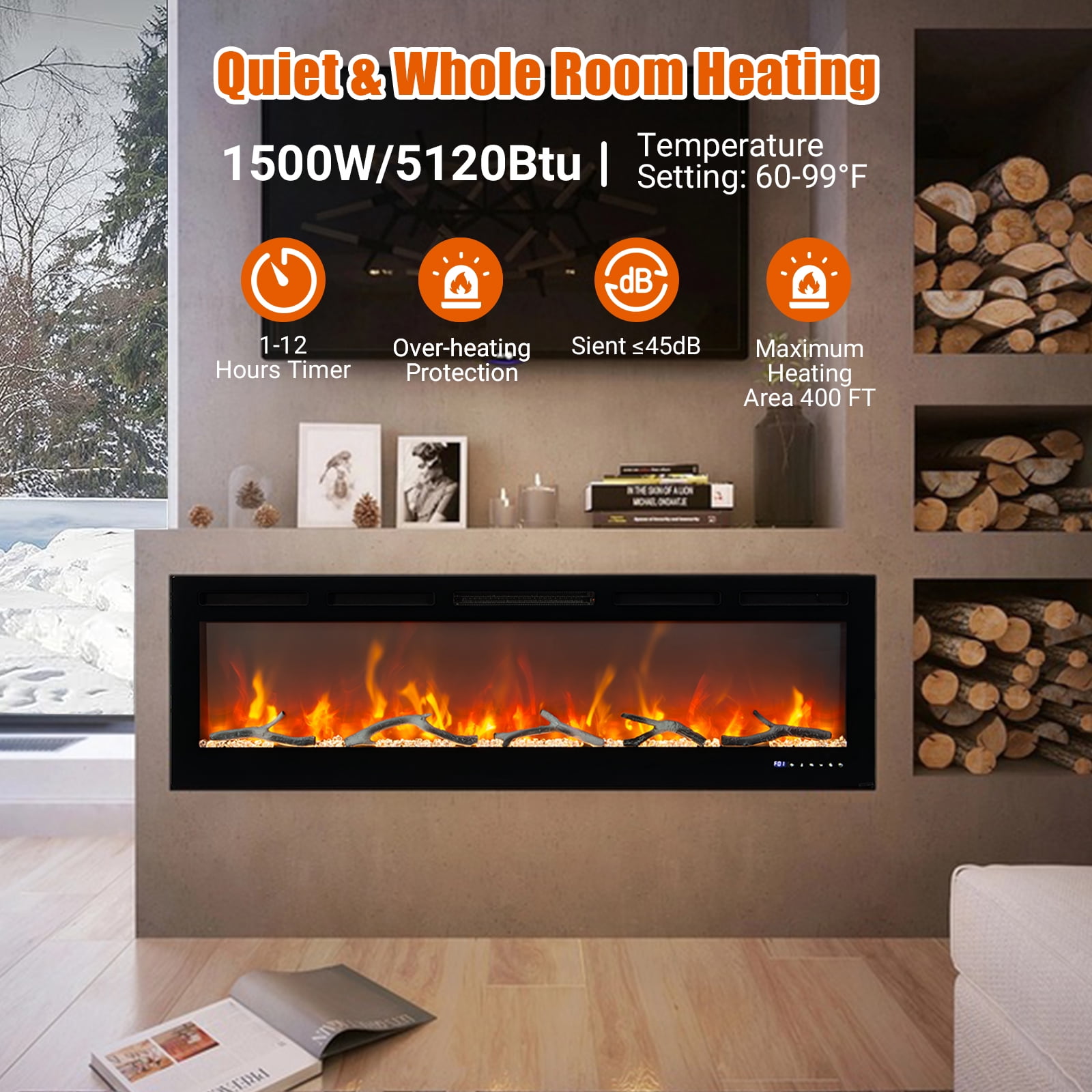 Yesurprise 70" In-Wall Electric Fireplace with Remote, Thermostat, Dual Heating & Timer, Featuring 12 Color Flames with Log & Crystal Decor