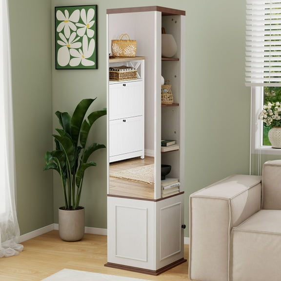 CQSXDA 360° Rotating Storage Cabinet Featuring Full-Length Mirror in Antique White, 8 Shelves, Door and Hooks for Home Use