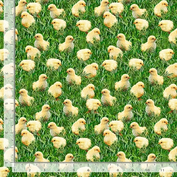 Cotton Just Hatched Collection Chicks on Grass Ducks Cotton Timeless Treasures Fabric Print by the Yard (Dona-CD3252-green)
