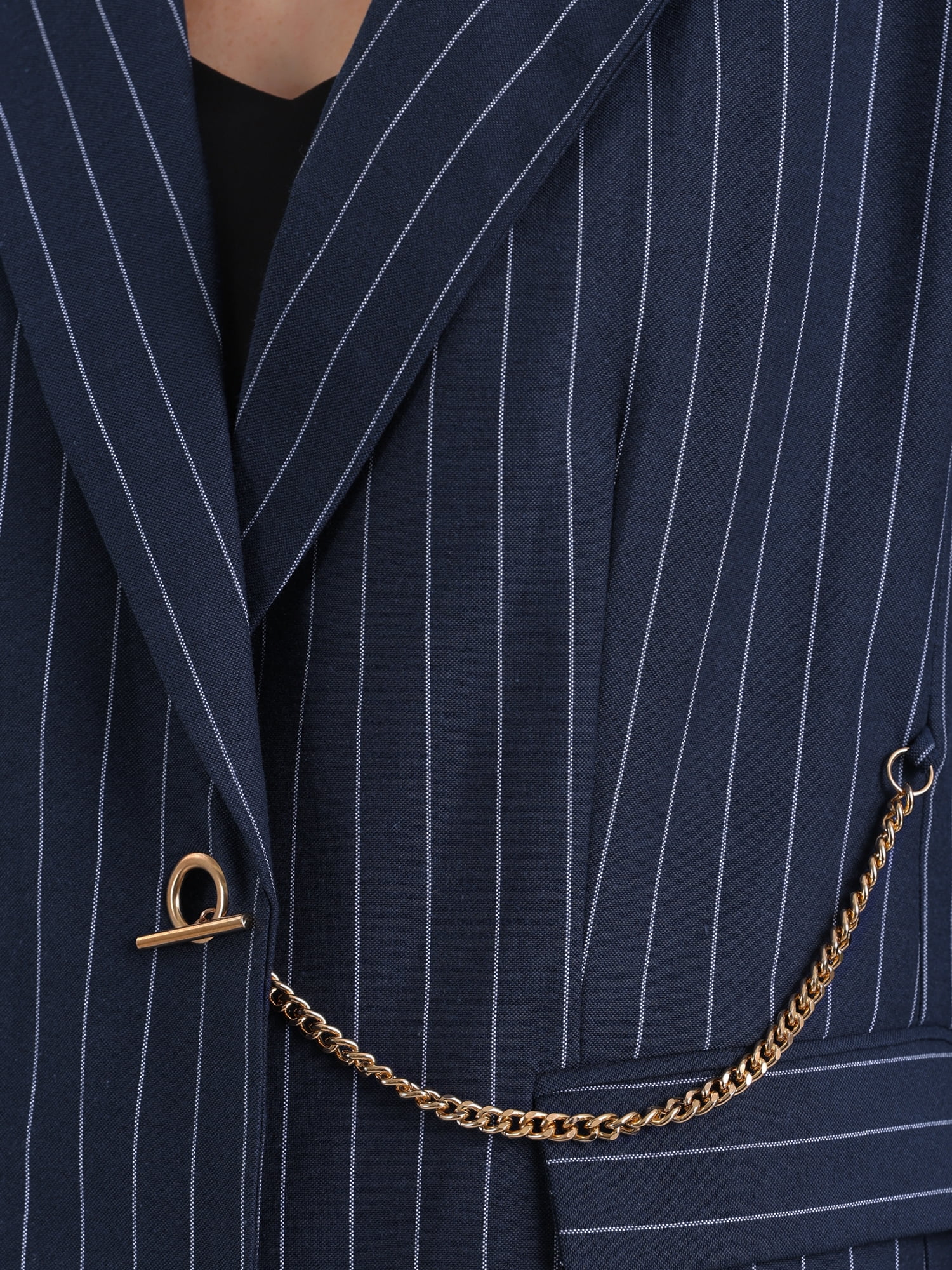 DARING DIVA Women's Striped Lapel Collar Chain Decor Long Sleeve Blazer L Navy Blue