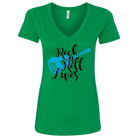 Inktastic Rock and Roll Lives with Blue Guitar Women's V-Neck T-Shirt